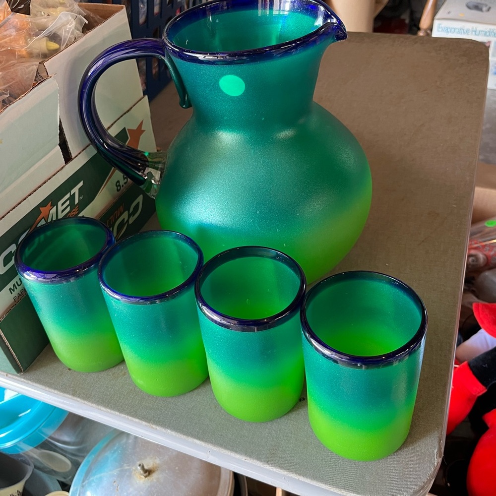 Green and Blue Pitcher Set with 4 Glasses Vintage